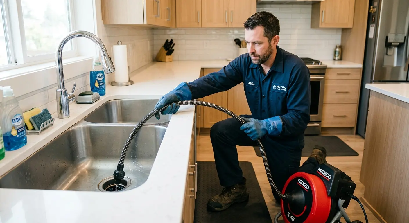 Drain cleaning technician using a motorized snake on a kitchen sink in Cupertino