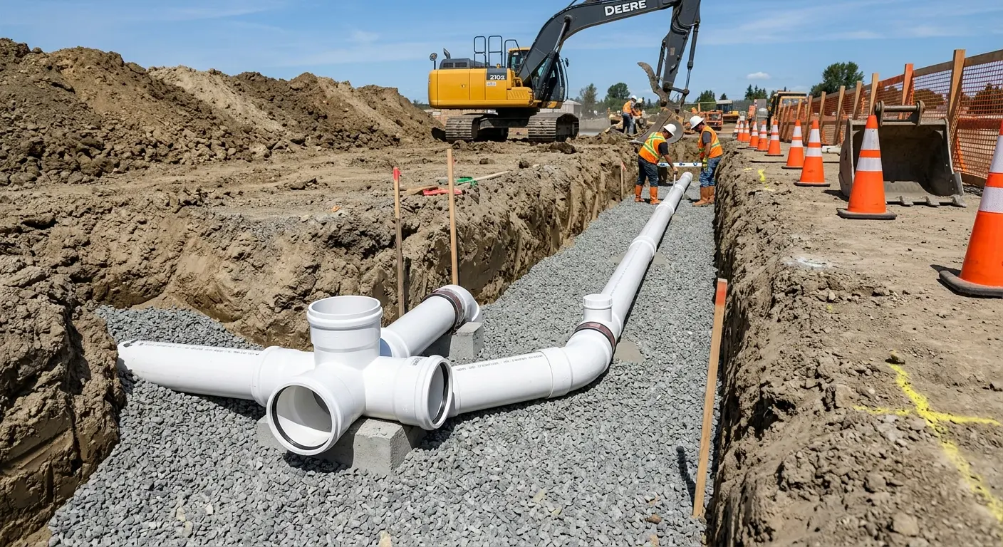 New PVC sewer pipe installation in open trench for Sewer Backup in Cupertino
