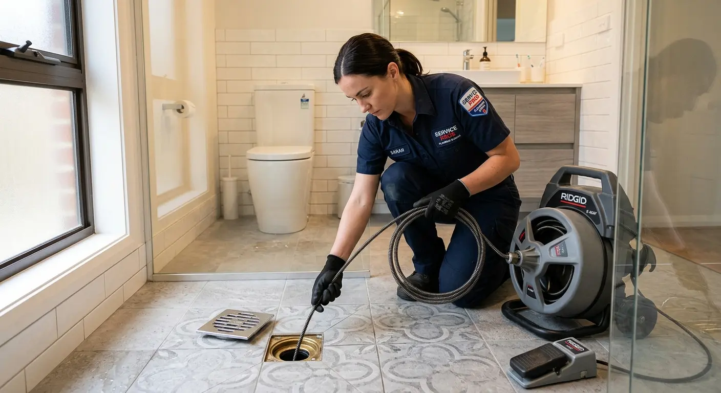 Technician clearing a bathroom floor drain for Drain Cleaning in Cupertino